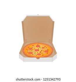 Pizza in the box vector illustration on white background, fast food, tasty food