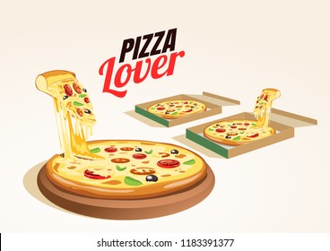  Pizza Box, Whole and Slice Pizzas. Vector Illustration. Editable Icon Set. fresh hot delicious pizza delivery box . vector food.
