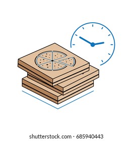 Pizza boxes with clock isolated on white background