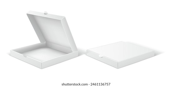 Cajas de pizza con diseño de Plantilla de Ilustración vectorial realista conjunto. Paquetes de maquetas. Contenedores de cartón de comida para llevar objetos 3d sobre fondo blanco