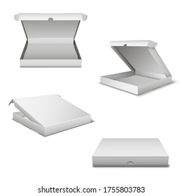 Pizza boxes set, empty packaging template white pack. Advertising food container design. Vector realistic pizza boxes illustration