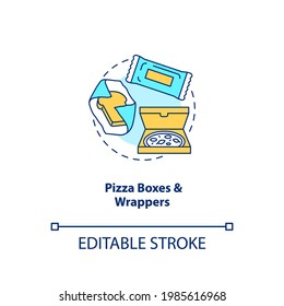 Pizza boxes and wrappers concept icon. Corrugated cardboard idea thin line illustration. Soiling with cheese, grease and other foods. Vector isolated outline RGB color drawing. Editable stroke