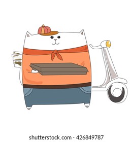 Pizza boy. Funny white cat. Vector for design