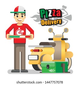 Pizza Boy Holding Pizza Box Come by Motorcycle or Scooter and Logo Design of Pizza Delivery and Fast Delivery