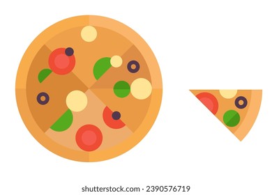 Pizza in bright geometric style. Fast food product or junk cuisine. Minimalistic modern design. Cartoon flat vector illustration.