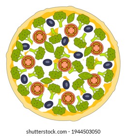 Pizza mit Broccoli, Tomate, Oliven, Basilikum und Mozzarella einzeln auf Weiß - Gemüsepizza mit Käse - italienische Küche - Elemente für kulinarisches Design