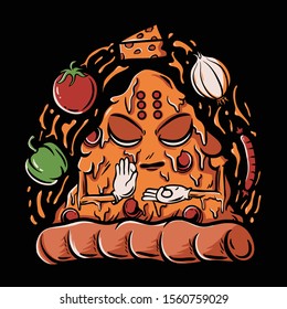 Pizza buddha illustration. Cartoon of meditation pizza with onion, cheese, tomato, sausage,and paprika. Funny pizza character for t-shirt design, sticker, poster, wall art, and phone case