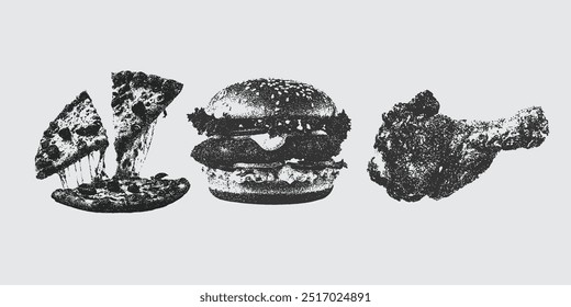 pizza, burger, chiken lag,  Large Grain Photocopy Effect, for grunge punk y2k collage design, with monochrome photocopy effect