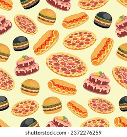 Pizza, burger, hot dog, cake will give you pleasure and an unforgettable taste, pizza, burger, hot-dog, cake, cooking, live tasty, food, contour, vector illustration, seamless, pattern 