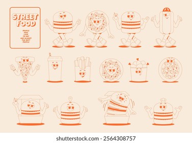 Pizza, burger, hot dog and chicken thighs characters street food set in trendy retro groovy style. Funky psychedelic fast food mascot. Vector stickers in monochrome palette