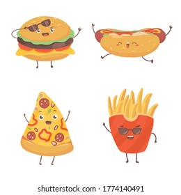 pizza, burger, hot dog, fries character set. cartoon food illustration