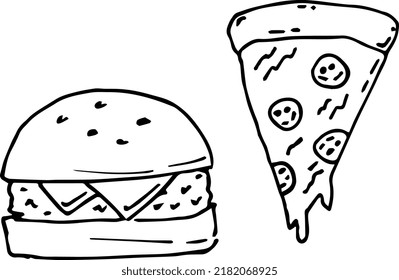 Pizza and burger. Vector illustration.