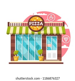 Pizza cafe concept. Flat design city public building with storefront and different interior design elements. Modern landscape set with bushes, logo, window with shadows of people.