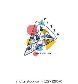 Plantilla de diseño de café pizza. Composición de cuadro de ingredientes de pizza. Ilustración del vector