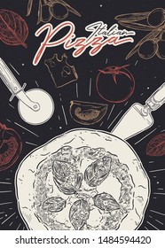 Pizza cafe design template. Pizza ingredients composition. Vector illustration - Vector