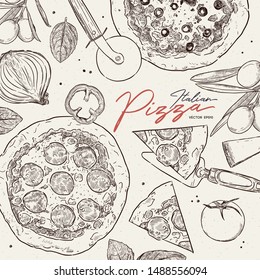 Pizza cafe design template. Pizza ingredients composition. Vector illustration