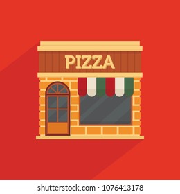 Pizza cafe facade, storefront vector in flat style