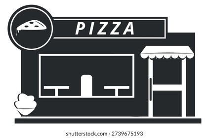 Pizza cafe front. Restaurant facade black icon