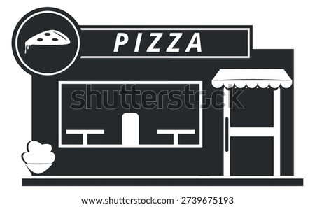 Pizza cafe front. Restaurant facade black icon
