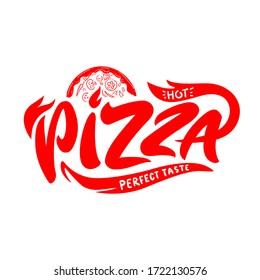 Pizza cafe logo, pizza icon, emblem for fast food restaurant. Vector  hand lettering  pizza logo on white background