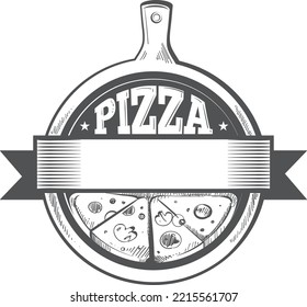 Pizza cafe logo template. Retro engraving emblem