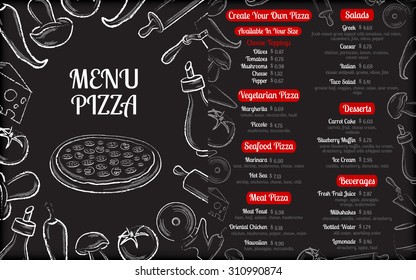Pizza cafe menu brochure template with white chalk hand-drawn ingredients on black chalkboard background vector illustration