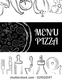 Pizza cafe menu front page template with black hand drawn ingredients on white background vector illustration