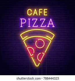 Pizza cafe neon sign. Pizza banner, logo, emblem and label. Neon sign, bright signboard, light banner.