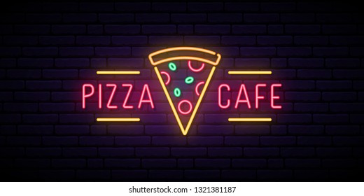 Pizza cafe neon sign. Bright advertising signboard for cafe, bar, restaurant. Pizza emblem. Vector illustration in neon style.