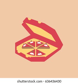 pizza cake slices icon simple modern isolated cartoon in a opened carton box flat design style. delivery chocolate cake with strawberry & whipped cream clean 