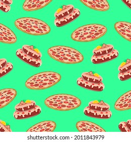 Pizza and cake will decorate your table and turn it into a festive one, pattern, on isolated background