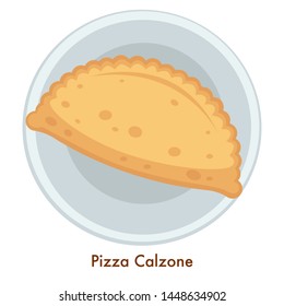 Pizza Calzone Italian food dish vector cuisine of Italy isolated vector meal pie staffed with salami ham and vegetables cheese and egg pastry on plate cooking restaurant or cafe culinary bread dough.