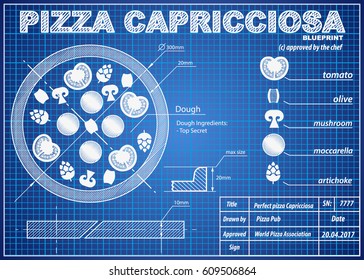 Pizza Capricciosa ingredients scheme in blueprint paper drawing style. Print background composition of coffee for menu and posters. Creative concept of Modern design. Vector Illustration