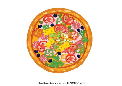 Pizza with capsicum, olive, salami vector illustration isolated on white background