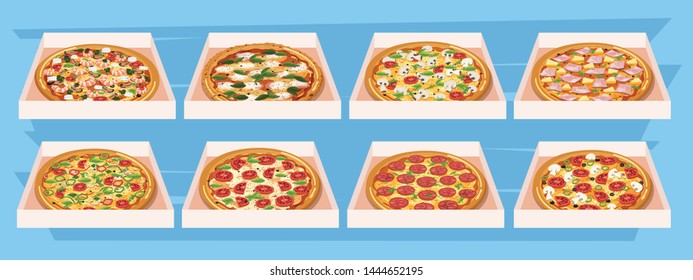 Pizza in a cardboard box. Pizza boxes. vector illustration