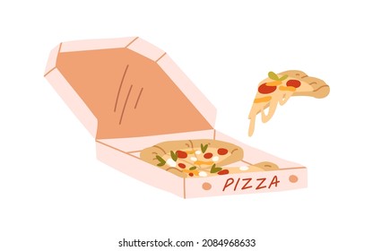 Pizza in cardboard box. Hot Italian fast food and slice with melting cheese. Open carton delivery package with takeaway fastfood pieces. Flat vector illustration isolated on white background