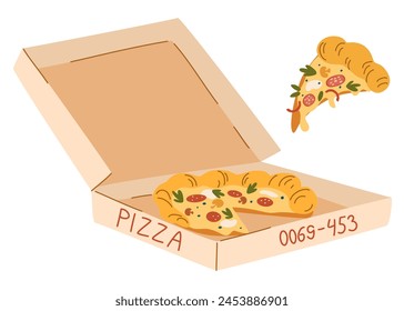 Pizza en caja de cartón. Comida rápida italiana caliente y rebanada con queso fundido. Paquete de entrega de cartón abierto con piezas de comida rápida para llevar. Ilustración vectorial plana aislada sobre fondo blanco