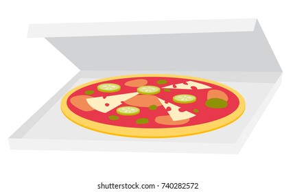 Pizza in a cardboard delivery box vector cartoon illustration isolated on white background.