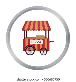 Pizza cart icon in cartoon style isolated on white background. Pizza and pizzeria symbol stock vector illustration.