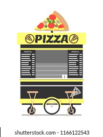 Pizza cart street food shop vector illustration of mobile van with tasty snack, store menu and two sitting place near it, pizzas track logo isolated on white