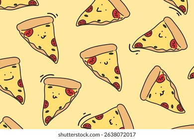 Pizza cartoon background pattern. hand drawn seamless pattern. Pizza background for fabric design, textile print, wrapping paper, cover. Vector illustration.