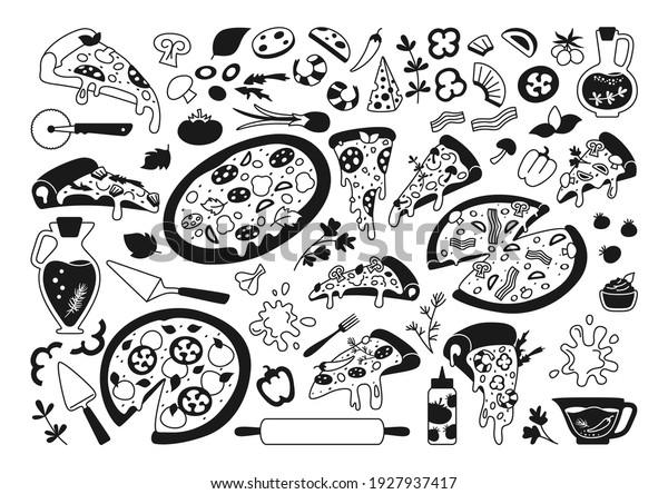 Pizza cartoon black glyph set. Monochrome\
italian pizzas with greens, pepper, tomato, olive cheese. Margarita\
and hawaiian, pepperoni or seafood mexican. Pizza pieces and\
ingredients vector\
collection