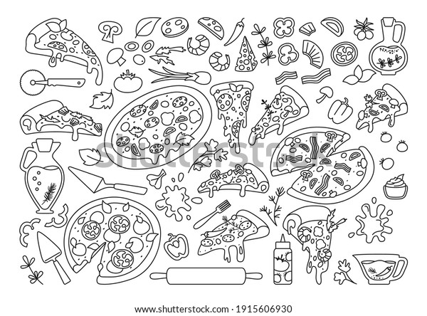 Pizza cartoon black line set. Italian hand\
drawn pizzas with greens, pepper, tomato, olive cheese. Margarita\
and hawaiian, pepperoni or seafood, mexican. Pizza pieces and\
ingredients vector\
collection