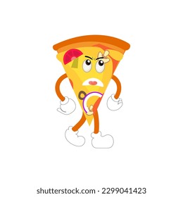 Pizza cartoon character, pizza character emotions, face, arms and legs. Funny cartoon characters. Trendy illustration in retro style. Vector kawaii line cartoon style illustration