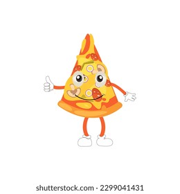 Pizza cartoon character, pizza character emotions, face, arms and legs. Funny cartoon characters. Trendy illustration in retro style. Vector kawaii line cartoon style illustration