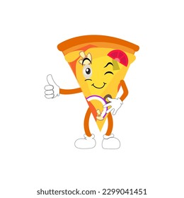 Pizza cartoon character, pizza character emotions, face, arms and legs. Funny cartoon characters. Trendy illustration in retro style. Vector kawaii line cartoon style illustration