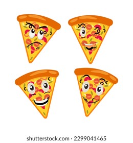 Pizza cartoon character, pizza character emotions, face, arms and legs. Funny cartoon characters. Trendy illustration in retro style. Vector kawaii line cartoon style illustration