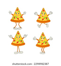 Pizza Cartoon Character, modern vector template set of mascot illustrations. Food Object Icon Concept Isolated Premium Vector.