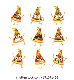 Pizza Cartoon Character - modern vector template set of mascot illustrations. Gift images of a pizza slice dancing, smiling, having a good time. Emoticons, happiness, coolness, , surprise, emotions