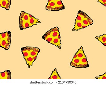 Personaje de caricatura de Pizza, patrón sin fisuras en el fondo naranja. Estilo de píxeles 